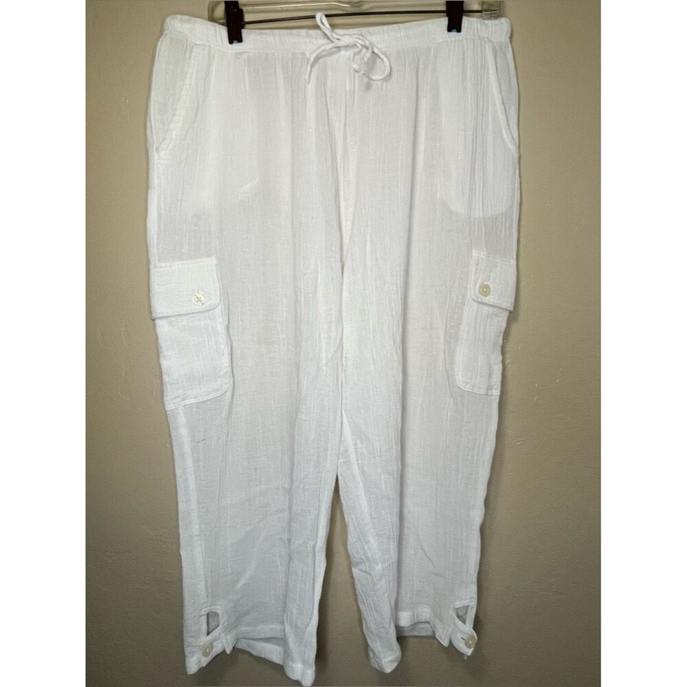 Blair Women’s White 100% Cotton Gauze Cargo Capri Pants - Size L